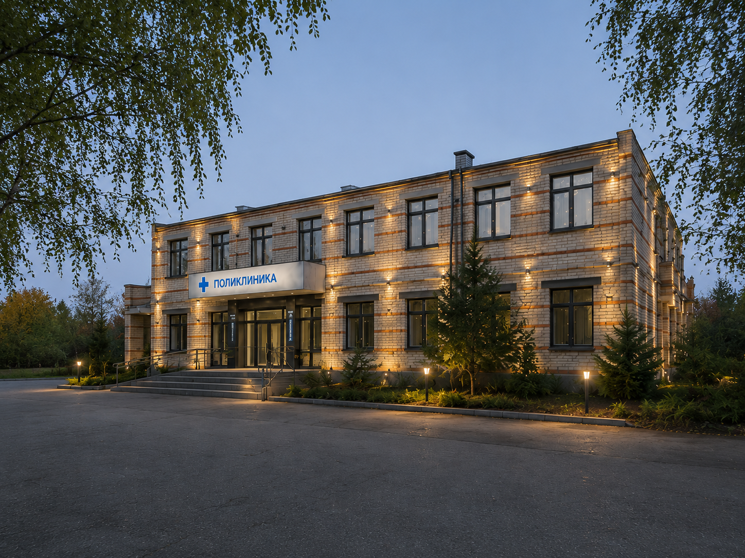 Визуализация здания поликлиники — главный фасад